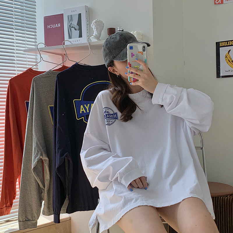 Hand worn loose medium length long sleeve T-shirt women's sweater split