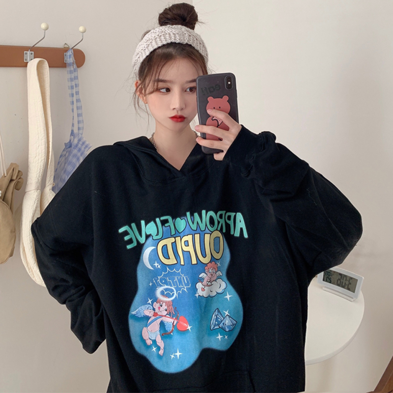 Real shot of women's spring and autumn thin cartoon hooded loose sweater