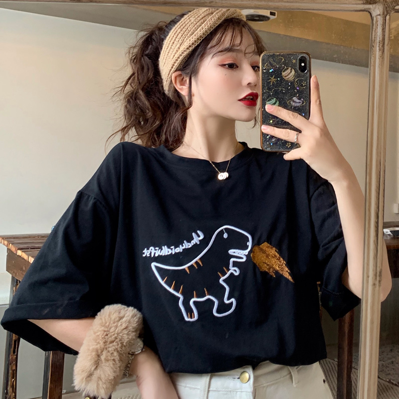 Real photo of dragline embroidered dinosaur short sleeve T-shirt