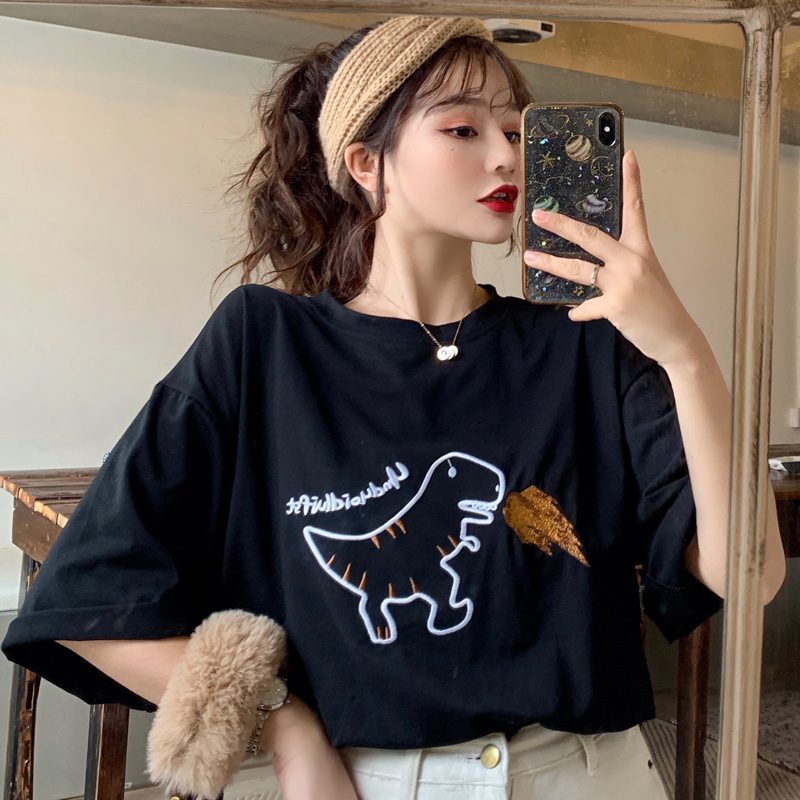實拍圖拉架繡花恐龍短袖恤女