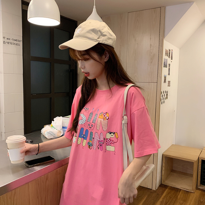 實拍寬鬆短袖t恤女夏韓版卡通字母印花百搭學生上衣潮