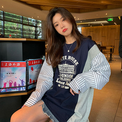 Live action white contrast autumn loose and versatile color contrast stitching Shirt Long Sleeve T-Shirt