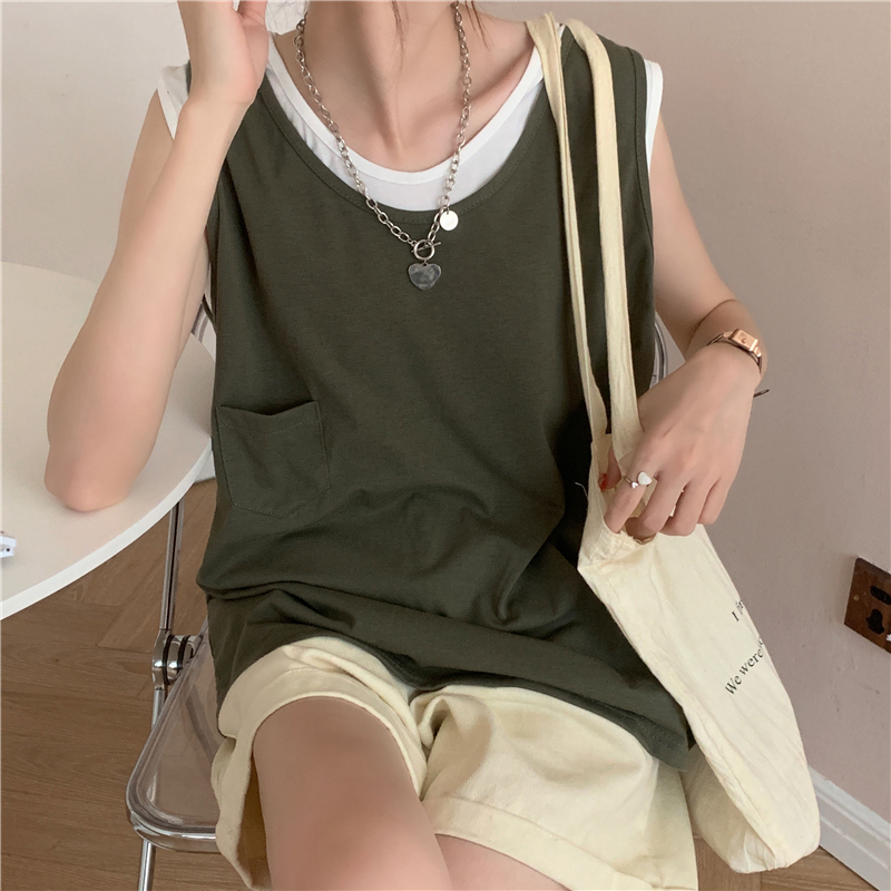 Real shot loose short sleeve fake two vest t-shirts for women