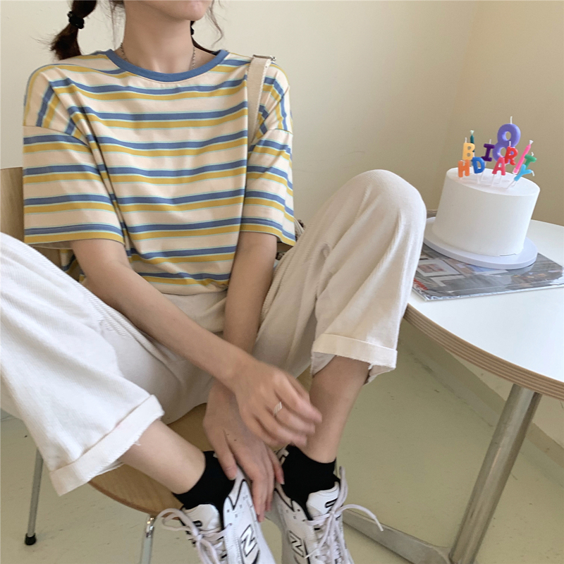 Real shot cotton summer wear versatile striped T-shirt women's short sleeve new top