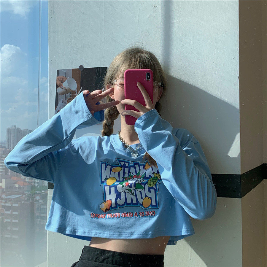 Japanese loose fruit Print Long Sleeve sunscreen short T-shirt women's new summer