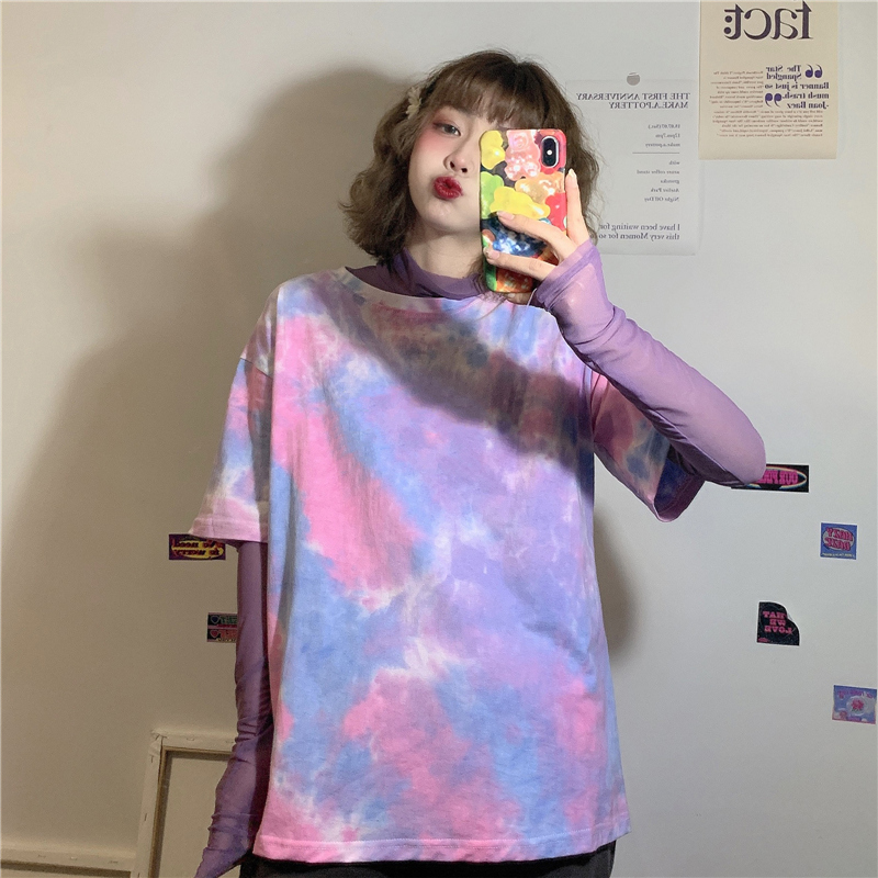 Real shooting cotton summer fashion tie dyeing loose short sleeve T-shirt + long sleeve mesh 2-piece set