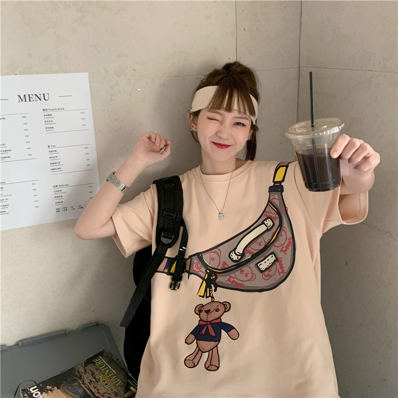 實拍小熊挎包印花短袖韓版寬鬆ins潮半袖上衣