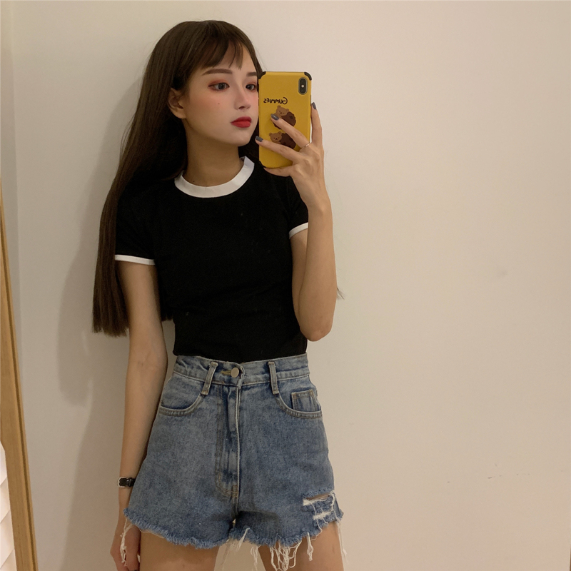 Real shot cotton short sleeve women's new T-shirt Fashion Top summer pure cotton short Korean slim