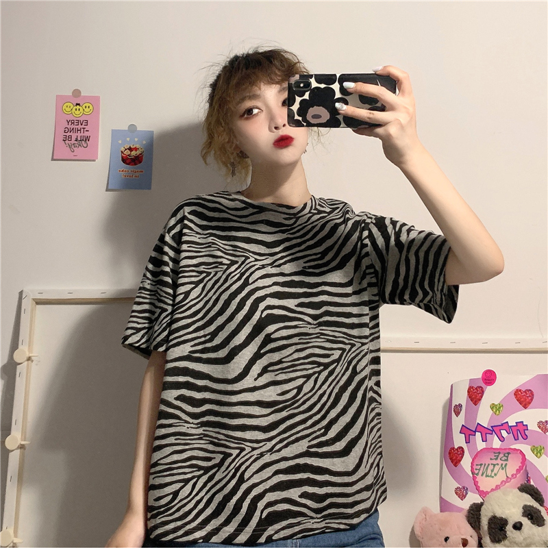 Real shot cotton zebra pattern loose Korean striped T-shirt round neck short sleeve niche design