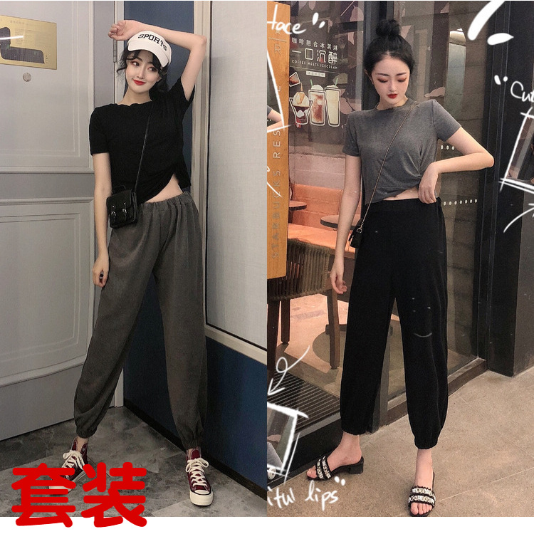 Real shot summer open navel short sleeve T-shirt + Capri casual pants sportswear two piece Harem Pants