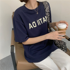 Real shot Pullover cotton Korean loose letter print short sleeve T-shirt