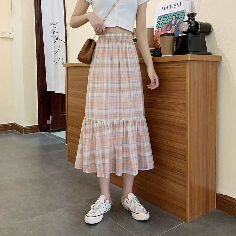 Official figure summer new Korean plaid skirt elastic waist Retro Mid long word skirt