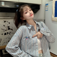 Real shot cotton collar stripe long sleeve shirt women's fashion design Unicorn top