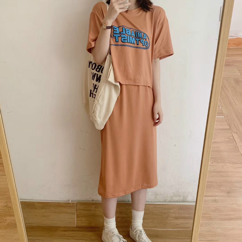 實拍聚酯纖維字母短袖恤上衣女半身裙兩件套女