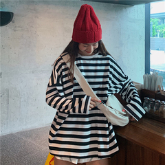 Real photo of loose and lazy style striped long sleeve Round Neck Sweater Girl