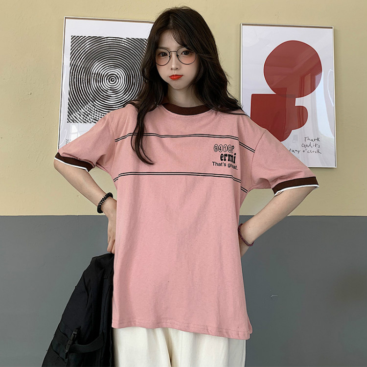Real shot spring style versatile Lapel loose short sleeve top T-shirt women's College style