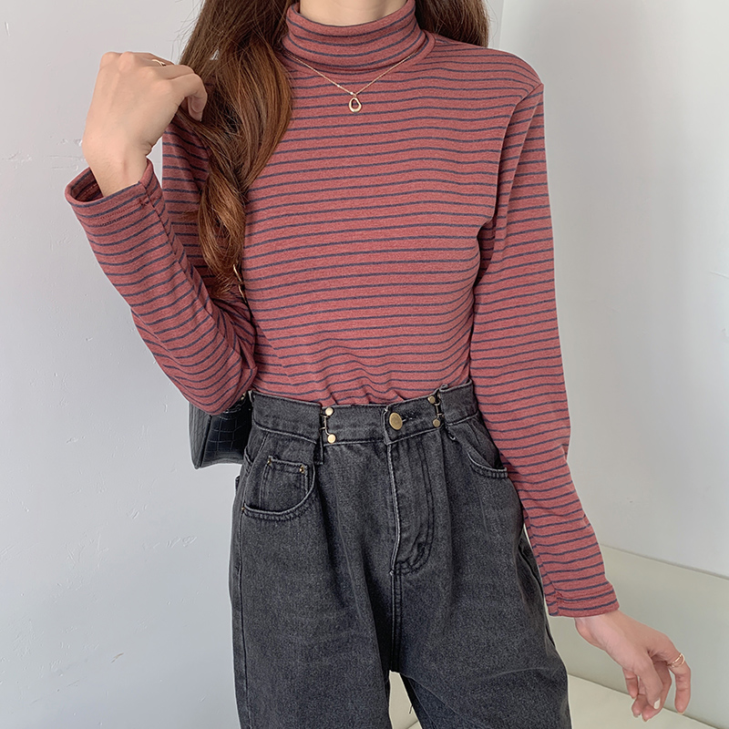 Real shot with velvet stripe yarn dyed high collar versatile long sleeve T-shirt women's autumn and winter new bottoming shirt