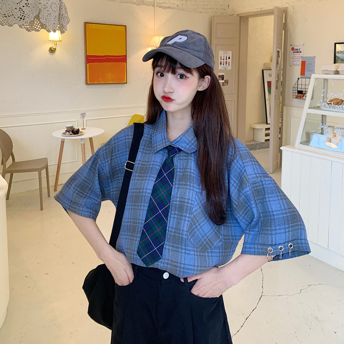 實拍學院風短袖格子襯衫女刺繡怪味少女韓版復古寬鬆襯衣