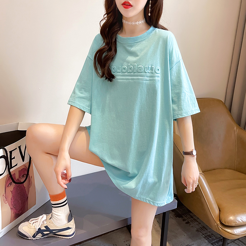 Real shot short sleeve T-shirt women's summer new middle long round collar student top large women's dress