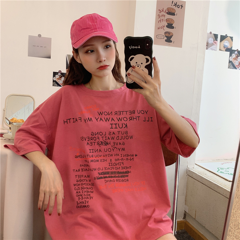 Real cotton early spring new letter printed short sleeve top women's fashion