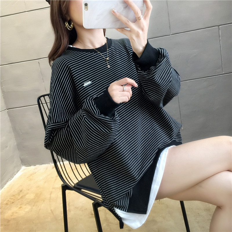Real shot pure cotton striped sweater women's loose and lazy style student spring and autumn thin large women's fat