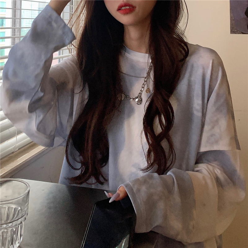 Real shot spring tie dyed T-shirt long sleeve Harajuku red street top