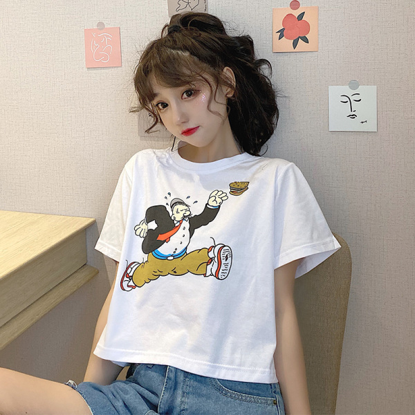 Cotton real-time T-shirt, short sleeve, slim fit, short cartoon, open navel and bottom coat