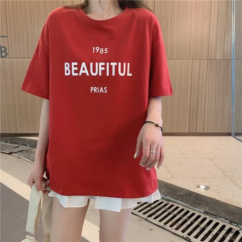 Real shot cotton net red loose Korean letter printed short sleeve T-shirt