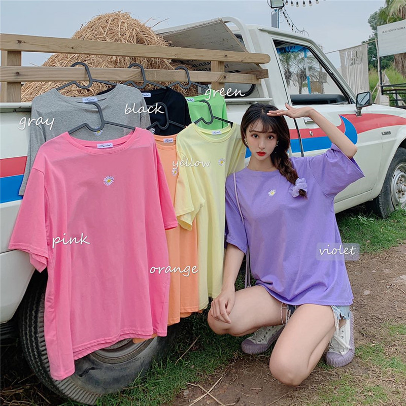 Real shot loose purple base coat Daisy short sleeve T-shirt women's super fire top