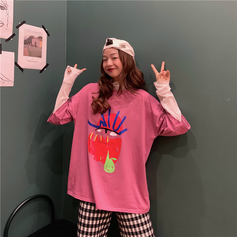 Real shot new net red super fire graffiti loose medium length with short sleeve T-shirt cotton