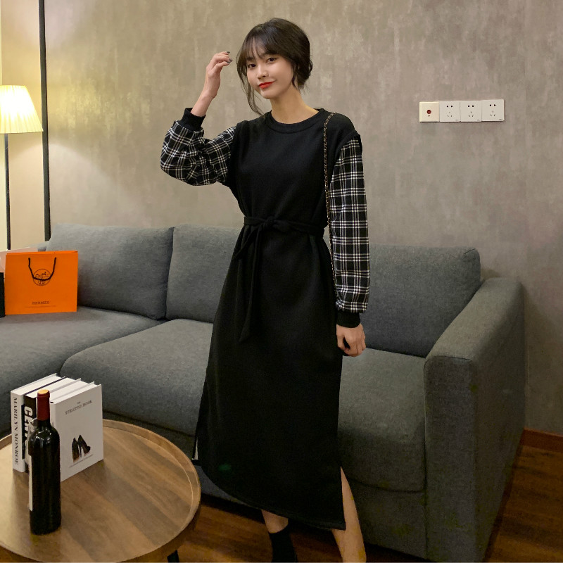 Real shot composite sweater fake two piece stitched Dress Medium Length thickened base skirt