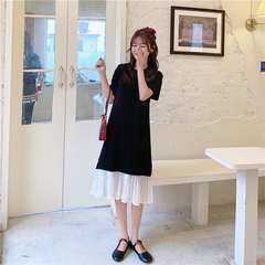 Real summer Chiffon splicing short sleeve dress over the knee long skirt