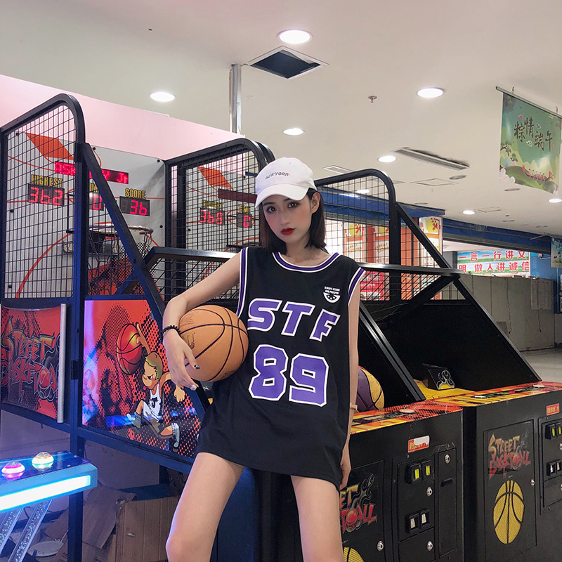 Real shot Harajuku street basketball uniform letter medium length loose sleeveless vest top sports jersey