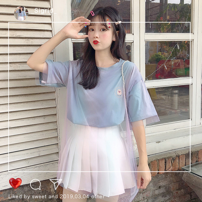 Real photo cotton rainbow mesh embroidered pig short sleeve T-shirt