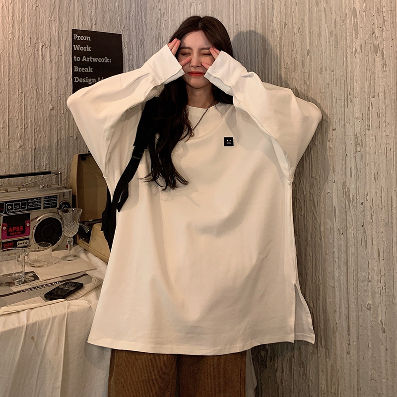 Real shot long sleeve t-shirt female spring and autumn Korean embroidery new medium length top large women's dress