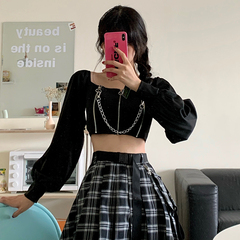 Photo 2020 new Korean retro shirt women's summer zipper high waist short one neck top