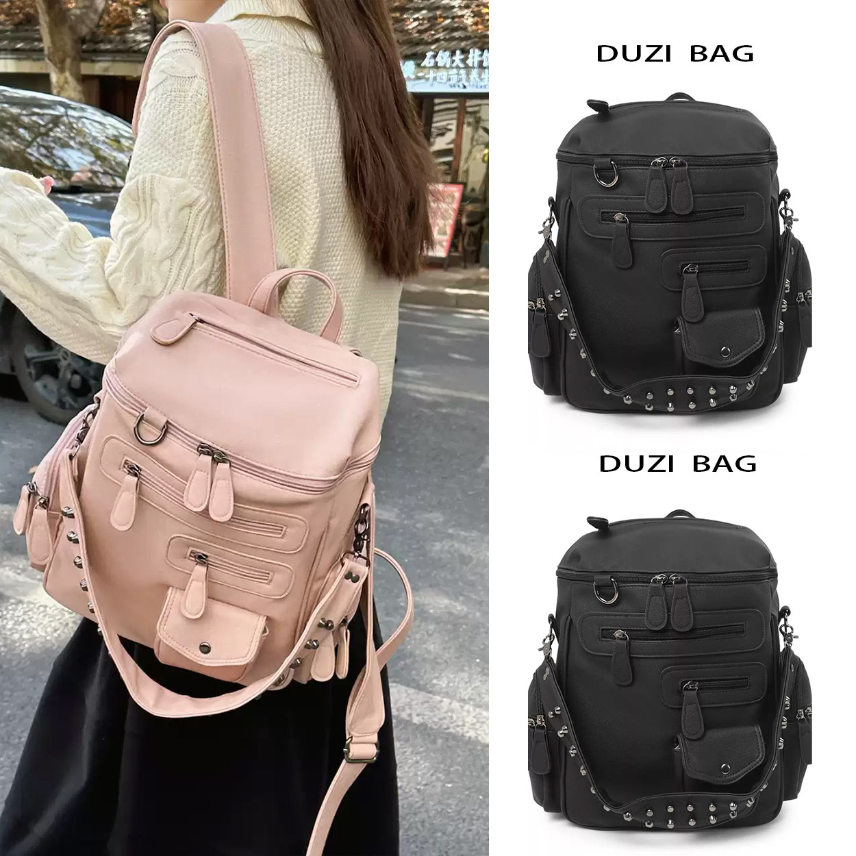 背包包美拉德双肩包拉链铆钉风口袋复古Y2K多用多辣妹单肩潮机车,箱包皮具/热销女包/男包,双肩背包,淘宝优惠券,粉丝福利购,淘宝优惠卷