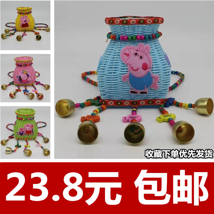 民族风儿童背篓刺绣绣花铃铛手工编织摄影舞蹈道具双肩彩色小背篓