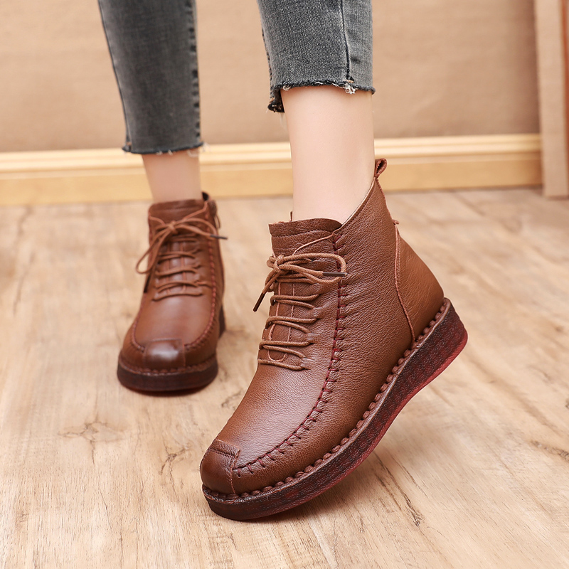 冬季新款真皮圆头平底短靴