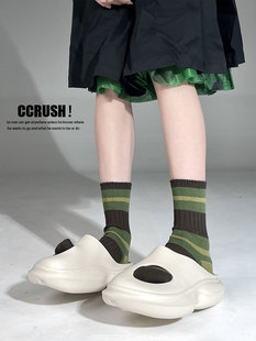 CCRUSH日系复古粗针撞色条纹中筒堆堆袜 ins潮纯棉透气运动袜男女
