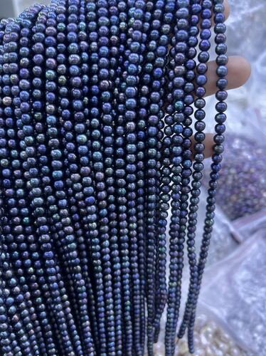 强光5mm天然淡水无核强光无暇电镀色孔雀蓝diy项链手链