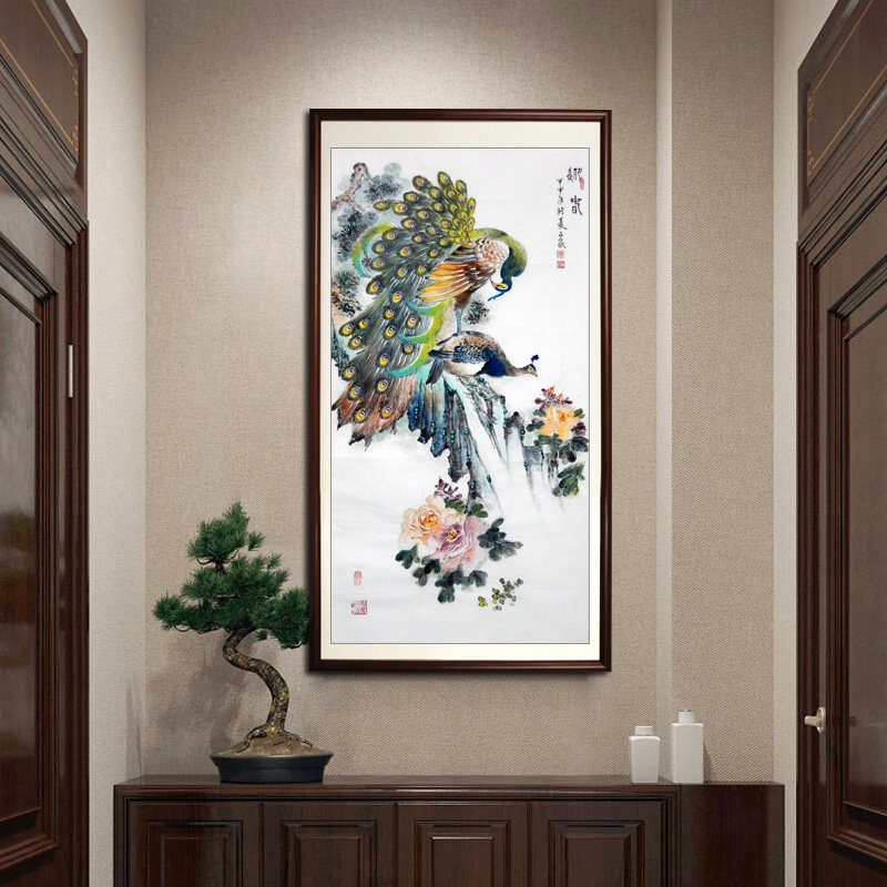 中式招财玄关走廊过道装饰画竖版进门孔雀装饰画入户客厅挂画