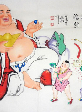 秦敬斌手绘真迹弥勒佛六子戏佛招财进宝风水画六尺客厅办公室装饰