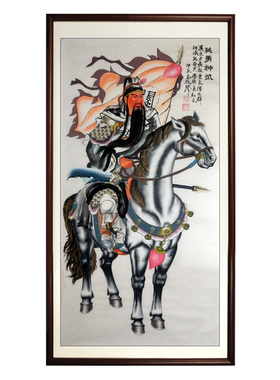 骑马关公挂画手绘国画人物画镇宅风水画办公室装饰画四尺英勇神武