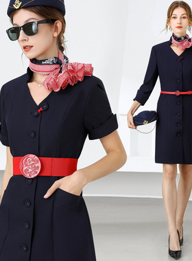东航空姐制服职业套装连衣裙女夏售楼部蓝工作服高端机场案场客服