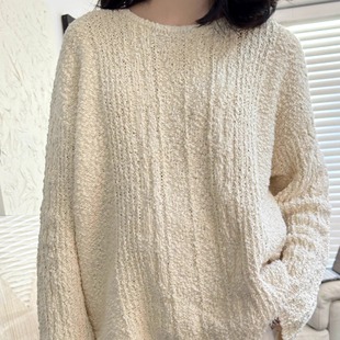 TIANCOCO法式 慵懒感宽松休闲奶油米色棉质圆领针织毛衣