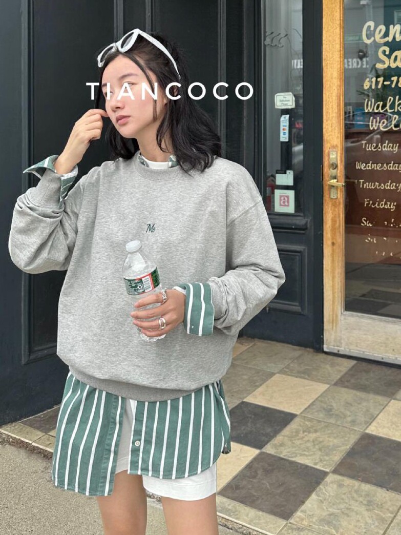 落肩设计圆领套头卫衣简约刺绣字母纯棉男女同款宽松上衣TIANCOCO