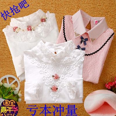 韩版大童加绒蕾丝百搭长袖t恤