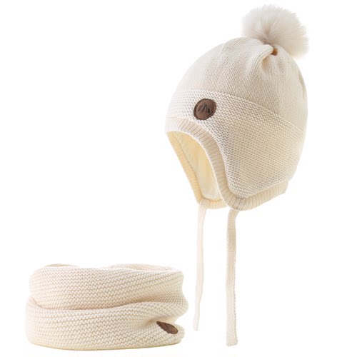 Moonkitty100%纯棉薄款冬季婴儿宝宝帽子针织护耳男女童围脖套装