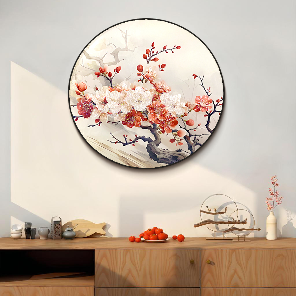入户玄关装饰画新中式圆形餐厅挂画古风墙面艺术壁画梅花6060图片